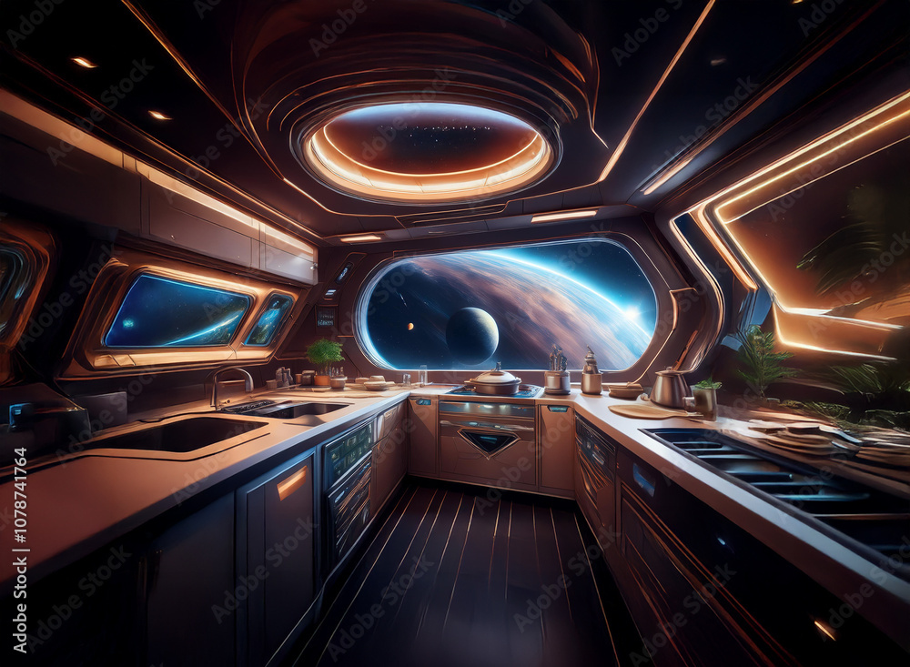 Poster a futuristic kitchen with a large window overlooking a space station and a distant planet.