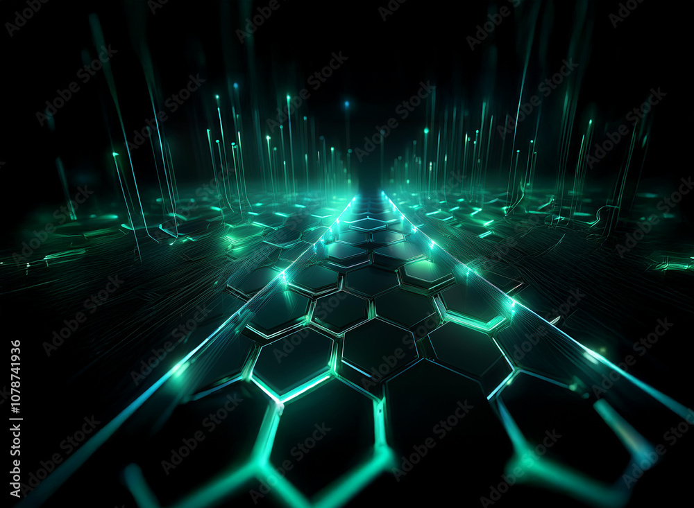 Poster a futuristic digital landscape with a glowing hexagonal pathway leading to a bright light.