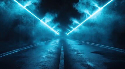 A smoky, dark scene with blue spotlights and neon rays illuminating the empty asphalt street. Light beams pierce through the darkness.