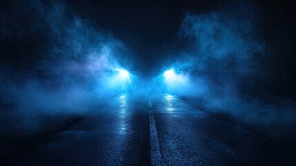 A smoky, dark scene with blue spotlights and neon rays illuminating the empty asphalt street. Light beams pierce through the darkness.