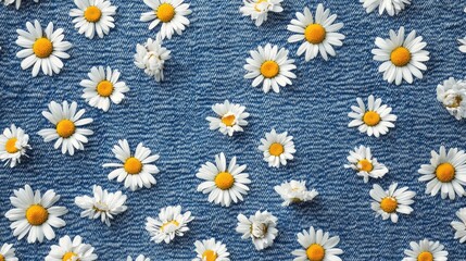 A textured denim background adorned with scattered daisy flowers, where the soft white petals and bright yellow centers create a striking contrast against the rugged blue fabric