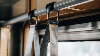 Leather straps hanging inside a retro-style train interior, adding vintage charm.