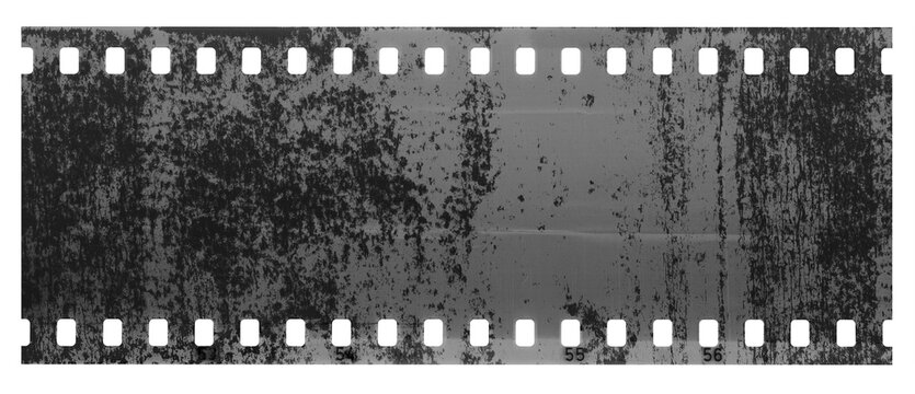 A blank film negative strip with a grungy texture on a white background, in a vintage style, high resolution, high detail, hyper-realistic, with black and grey tones, 
