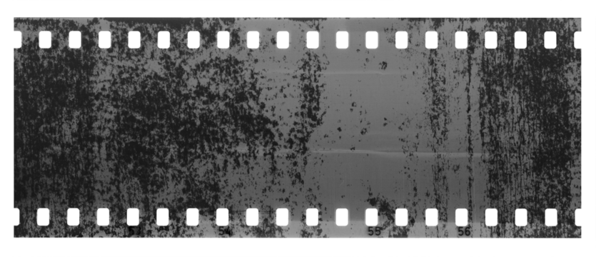 A blank film negative strip with a grungy texture on a white background, in a vintage style, high resolution, high detail, hyper-realistic, with black and grey tones, 