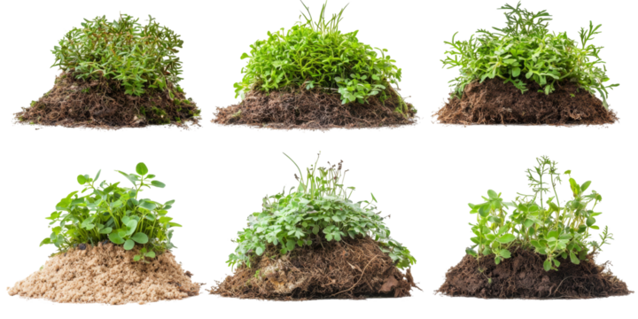 Varieties of garden plants growing in different soil types displayed in neat mounds under bright natural light