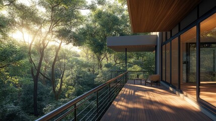 Fototapeta premium Balcony overlooking a dense forest, modern eco-friendly design. Railing with access to fresh air, natural wood complements the serene nature landscape.
