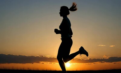 Silhouette of a woman running on the beach during sunset, healthy lifestyle and fitness. seamless looping time-lapse 4K video background