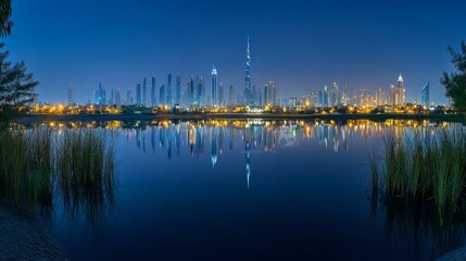 Fototapeta premium A panoramic view of a modern city skyline reflected in a still lake at dusk. The city lights are reflected in the water, creating a beautiful and symmetrical scene.