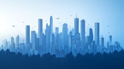 Fototapeta premium A panoramic view of a modern city skyline with skyscrapers silhouetted against a blue sky.