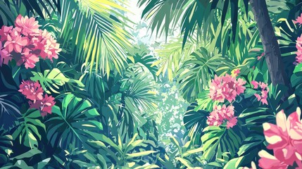 Lush tropical jungle with pink flowers and sunbeams.