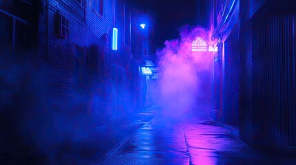 Dark street with a neon glow, blue spotlights illuminating the scene. Smoke rises from the asphalt,...