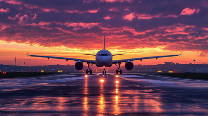 Airplane on runway at sunset with dramatic sky
