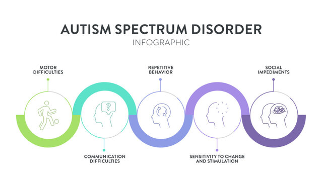Autism spectrum disorder (ASD) infographic presentation template with icons has 5 steps such as Rett syndrome, Asperger's syndrome, PDD-NOS, Autistic disorder and childhood disorder. Diagram vector.