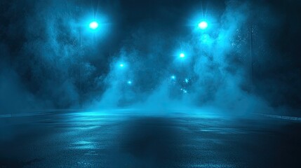 Obraz premium Empty dark scene illuminated by soft blue rays and spotlights. The dark asphalt street with smoke and neon lights in the background creates an atmospheric vibe.