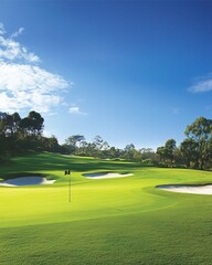 Obraz premium Morning view of a golf course with lush green grass