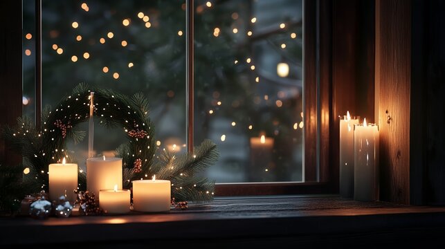 Candles glow warmly on a windowsill, illuminating a festive wreath and the snowy scene outside