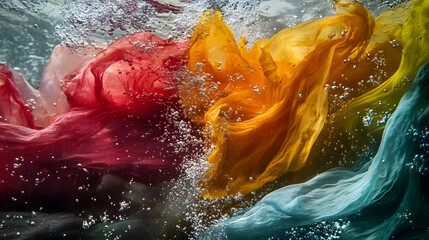 Fototapeta premium Vibrant Swirling Colors of Fabric in Shimmering Water, Bubbles Rising in a Playful Dance, Creating an Abstract Underwater Spectacle of Movement and Light