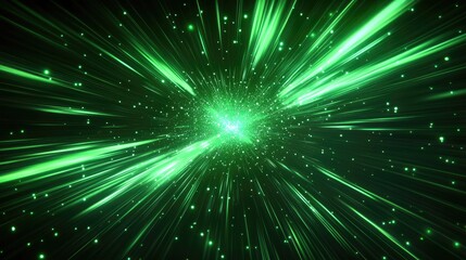 Fototapeta premium Glowing green energy rays radiating through a dark abstract background. A neon light explosion in space for a high-tech, futuristic feel.