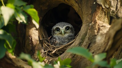 Adorable Baby Owl Peeking From Nest in Tree