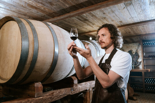 Winemaker Inspecting Red Wine in Cellar