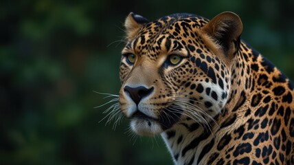 Naklejka premium Close-up portrait of a jaguar with a focused gaze.