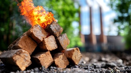 Fototapeta premium Watch the Majestic Flames Dance as Burning Wood Logs Release Thick Smoke in a Natural Setting
