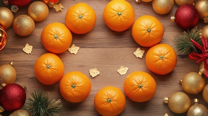 Oranges arranged in a circular pattern on a wooden surface, surrounded by gold ingots and red festive decor.