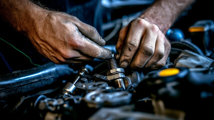Technician hands of a car mechanic tightening a bolt on an engine