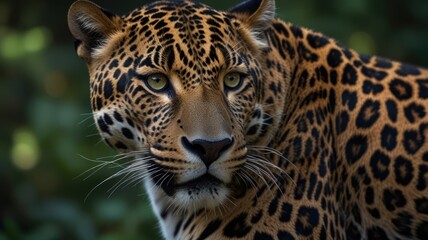 Fototapeta premium Close-up portrait of a majestic leopard with piercing yellow eyes, looking intently towards the right, with a blurred green background.