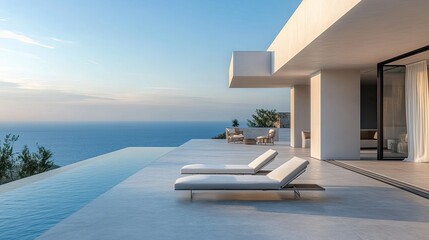 Fototapeta premium Spacious terrace with a breathtaking sea view. Concrete flooring and two comfortable chaise lounges in a modern interior setup.