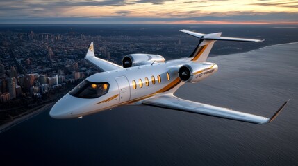 Fototapeta premium Experience Luxury Travel as a Private Jet Soars Over a Stunning Cityscape at Sunset
