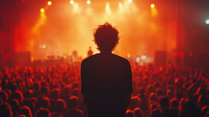 Feeling Unseen in Crowd. A silhouetted figure stands before a crowd, illuminated by vibrant stage...