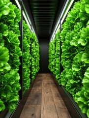Vertical Farming Wonderland: Lush Green Lettuce Growing in High-Tech Hydroponic System with Wood Flooring and Modern Design