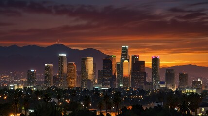 Obraz premium City skyline with dramatic sunset and mountains in the background.