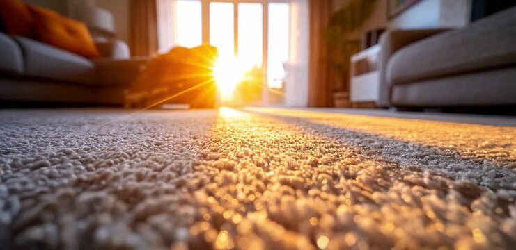 closeup of soft carpet texture with warm sunlight streaming through large windows, cozy home interior ambiance, ideal for household and cleaning product advertising