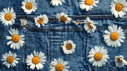 Obraz premium A classic denim background featuring clusters of daisy flowers spread evenly across the fabric.