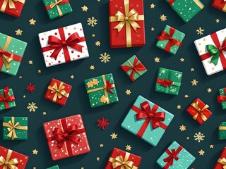 Fototapeta premium wallpaper representing small Christmas gift motifs. Gifts are wrapped with simple ribbons. They are arranged in patterns for a festive and joyful effect.