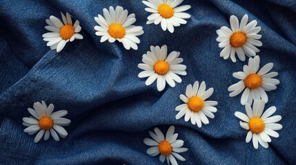Obraz premium A textured denim background adorned with scattered daisy flowers, where the soft white petals and bright yellow centers create a striking contrast against the rugged blue fabric