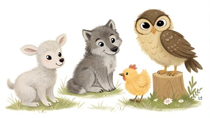 Illustrated Baby Animal Collection: Lamb, Wolf Cub, Owl, and Chicken, Cute Animal Art for Kids