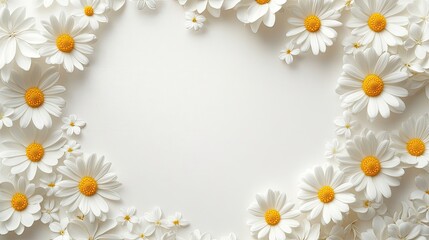 Obraz premium An airy, white background with a border of neatly arranged daisy flowers along the edges.