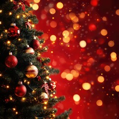 Christmas Tree, Ornaments and Defocused Lights Background
