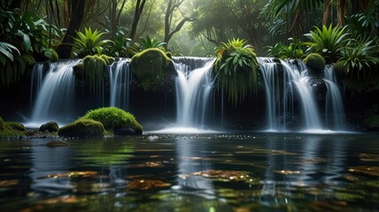 Obraz premium Tranquil waterfall cascading through lush green rainforest.