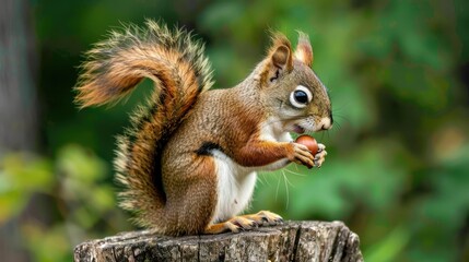Fototapeta premium A red squirrel perched on top of an old tree stump