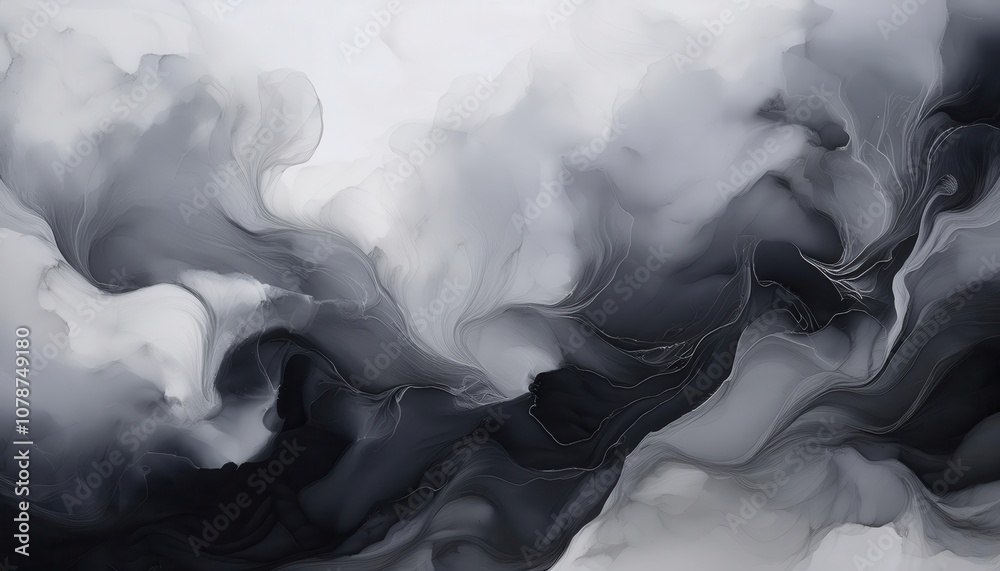 Poster ethereal flowing smoke texture in abstract black and white gradient. ideal for calm and minimalist w