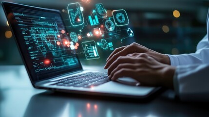 Medical professional using a laptop, with vibrant, glowing medical icons hovering in the background, symbolizing modern healthcare technology.
