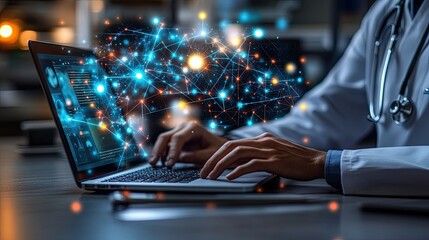Medical professional using a laptop, with vibrant, glowing medical icons hovering in the background, symbolizing modern healthcare technology.