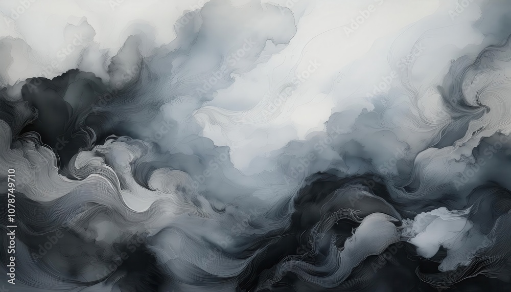Poster ethereal flowing smoke texture in abstract black and white gradient. ideal for calm and minimalist w