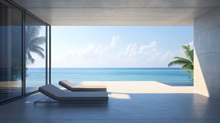 Modern attic room with a beach view from a concrete terrace. Two chaise lounges face the ocean in a serene, airy design.