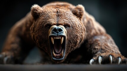 A giant grizzly bear with bared teeth and sharp claws roars menacingly at the camera, capturing the essence of raw wilderness power and primal ferocity.