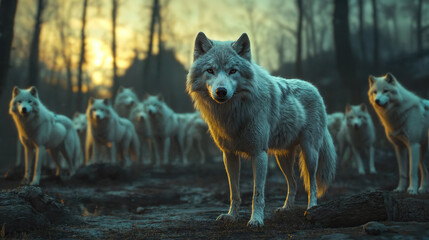 Ai generated image with a pack of white wolves in the forest 